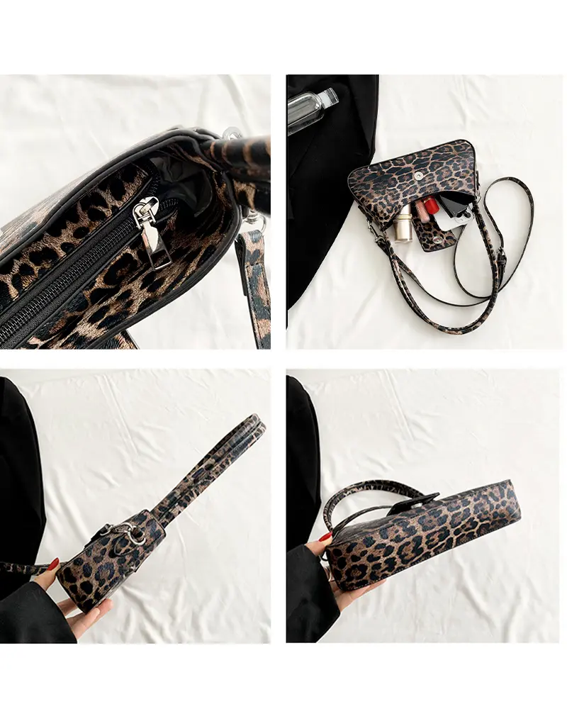 Sac à main Iris avec motif léopard montré sous plusieurs angles, disponible chez Boutique Izamel.