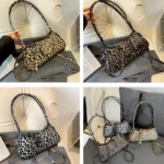 Sac à main Iris avec motif léopard montré en quatre photos sous différents angles, disponible chez Boutique Izamel.