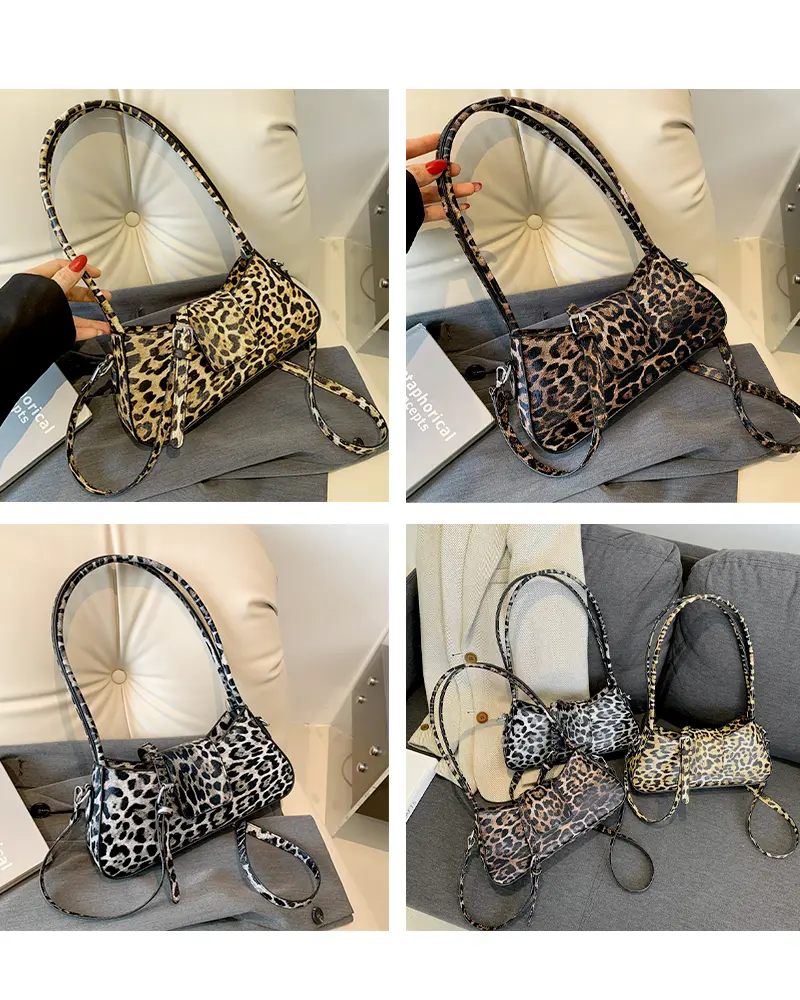 Sac à main Iris avec motif léopard montré en quatre photos sous différents angles, disponible chez Boutique Izamel.