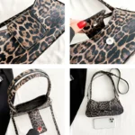 Sac à main Iris avec motif léopard montré sous plusieurs angles en vignettes multiples, disponible chez Boutique Izamel.