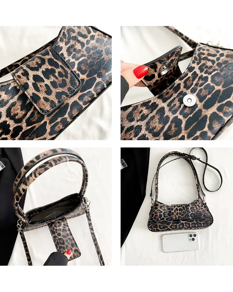 Sac à main Iris avec motif léopard montré sous plusieurs angles en vignettes multiples, disponible chez Boutique Izamel.