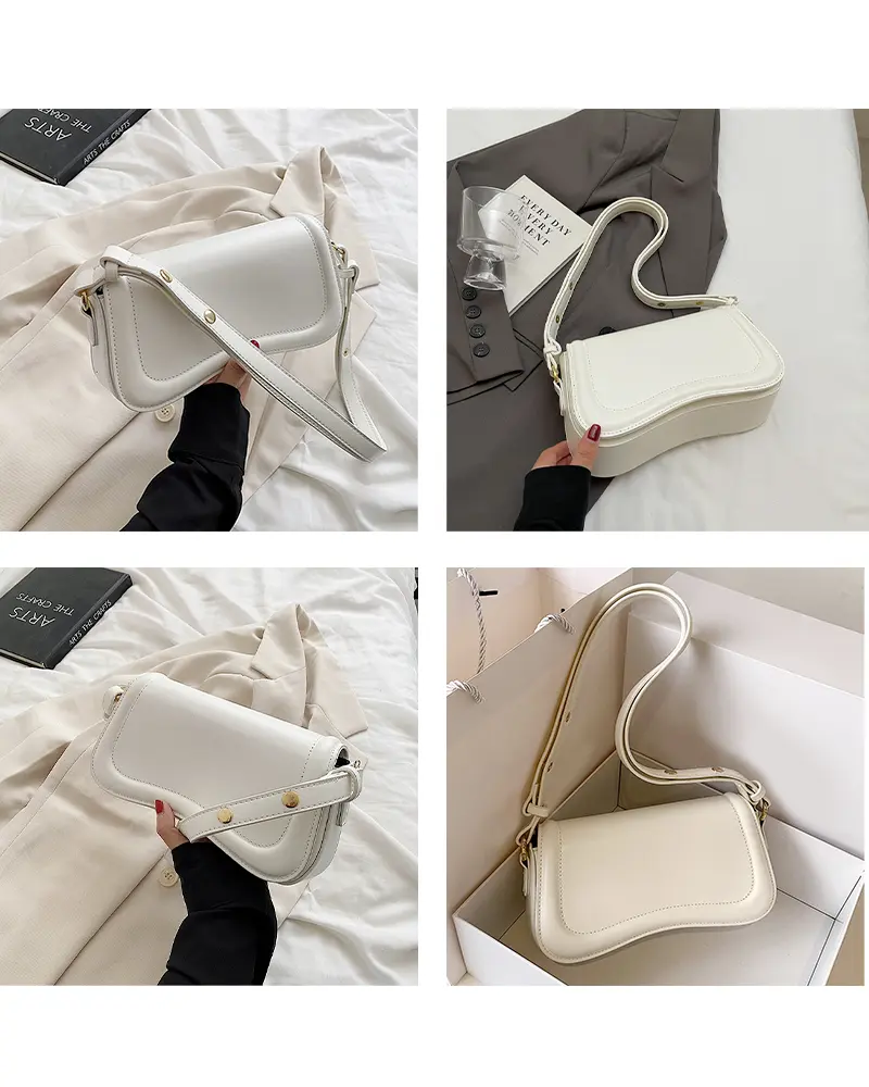 Sac à main Lina en similicuir blanc montré sous différents angles, disponible chez Boutique Izamel.