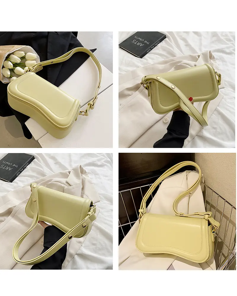 Sac à main Lina en similicuir jaune montré sous différents angles, disponible chez Boutique Izamel.