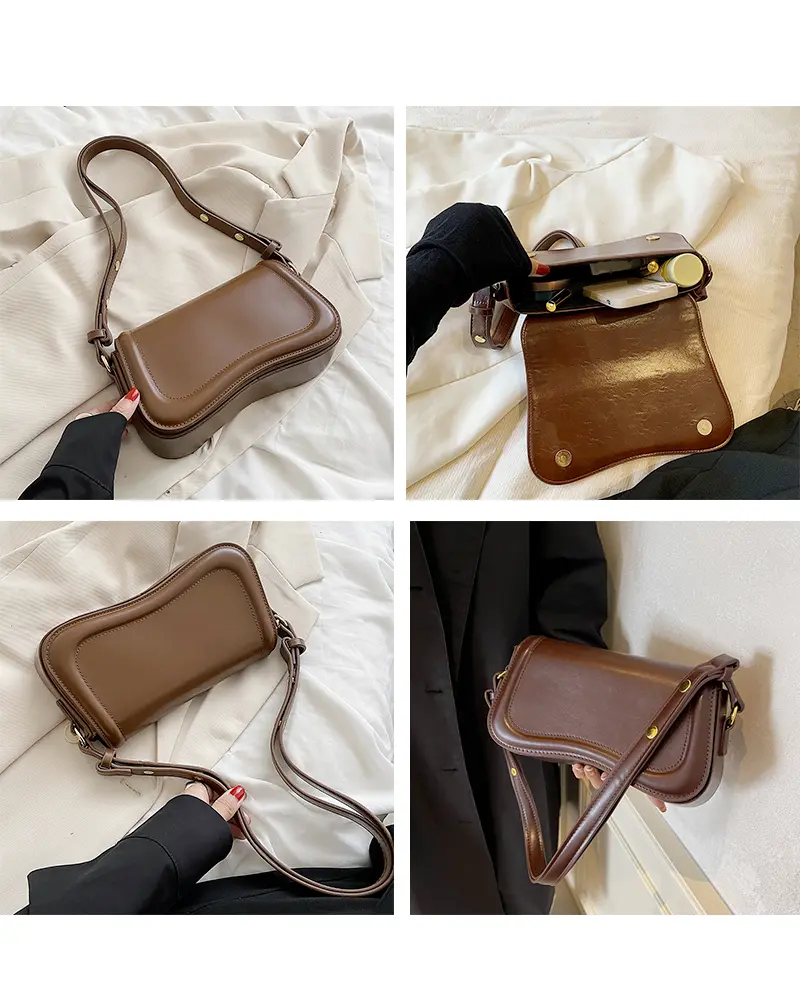 Sac à main Lina en similicuir marron montré sous différents angles, disponible chez Boutique Izamel.