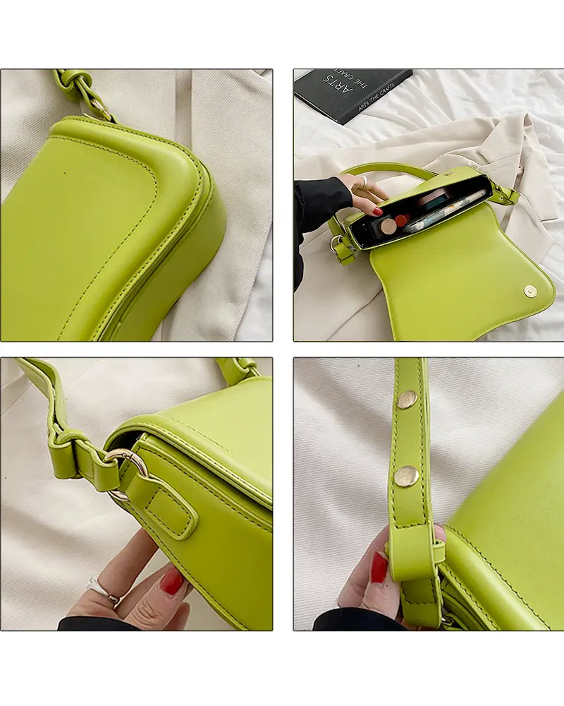 Sac à main Lina en similicuir vert, montré sous différents angles, disponible chez Boutique Izamel.