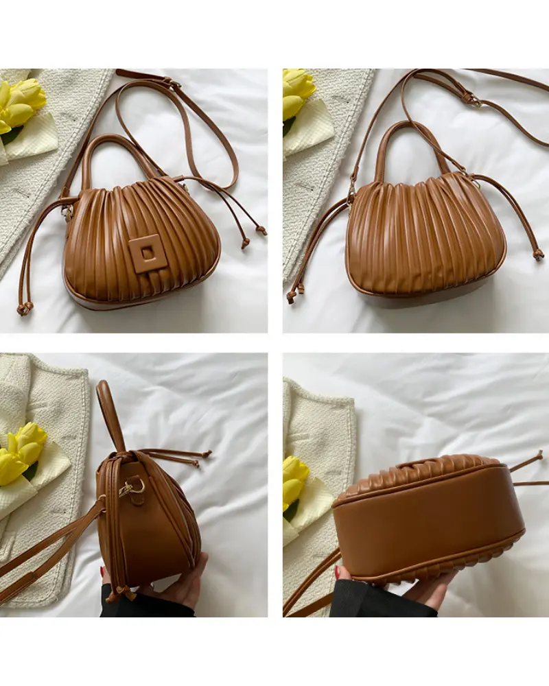 Sac à main Mia plissé présenté sous différents angles, disponible chez Boutique Izamel.