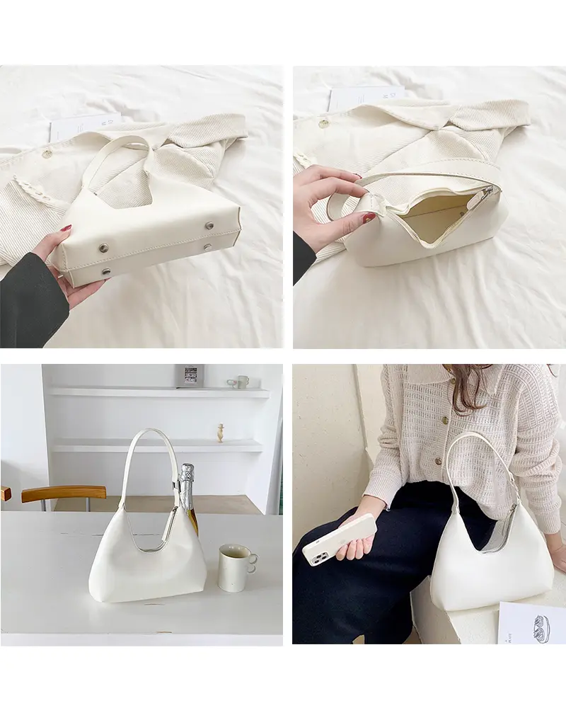 Sac à main Samia en similicuir blanc présenté sous plusieurs angles, disponible chez Boutique Izamel.